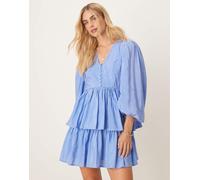 YAS - Vestito corto bohémien color blu Provenza con maniche a sbuffo e bottoni sul davanti 48