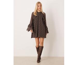 YAS - Vestito corto in chiffon marrone a quadri con volant e maniche voluminose 44