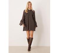 YAS - Vestito corto in chiffon marrone a quadri con volant e maniche voluminose 46