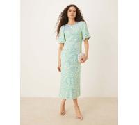 YAS - Vestito da giorno verde tenue testurizzato con paillettes iridescenti e gonna al polpaccio 6