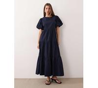 YAS - Vestito lungo a balze in cotone blu navy con maniche voluminose L