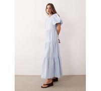 YAS - Vestito lungo a balze in cotone blu pastello con maniche voluminose S