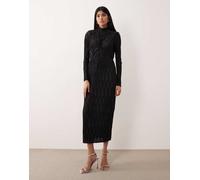 YAS - Vestito lungo accollato in raso testurizzato nero scintillante S