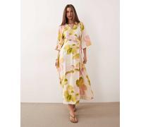 YAS - Vestito lungo avvolgente con maniche con volant e stampa a fiori pastello-Multi 38
