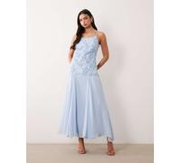 YAS - Vestito lungo blu pallido con spalline sottili e vita scesa con applicazioni floreali 38