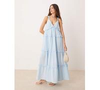 YAS - Vestito lungo color blu tenue a balze con volant e spalline sottili 44