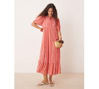 YAS - Vestito lungo da festival stile bohémien color corallo a fiori e a righe con maniche a sbuffo e bottoni sul davanti-Multicolore 14