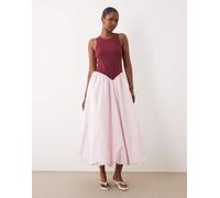 YAS - Vestito lungo in jersey a coste e tessuto misto rosa 38