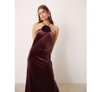 YAS - Vestito lungo in velluto bordeaux allacciato al collo con rosa-Rosso S