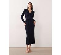 YAS - Vestito lungo plissé a maniche lunghe blu navy con incrocio sul davanti 38
