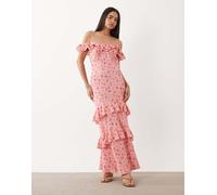 YAS - Vestito lungo rosa a fiori con volant e spalle scoperte 48