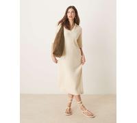 YAS - Vestito midi a maniche corte in maglia color crema betulla con colletto stile polo-Bianco M