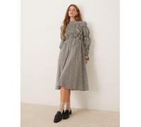 YAS - Vestito midi a maniche lunghe arricciato beige a quadri-Neutro L