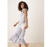 YAS - Vestito midi blu e bianco a fiori con spalline annodate 48