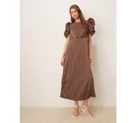 YAS - Vestito midi in raso arricciato con maniche a sbuffo e stampa a pois color cioccolato-Marrone 40