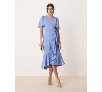 YAS - Vestito midi in raso blu a portafoglio 14