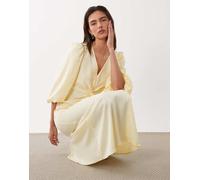YAS - Vestito midi in raso giallo tenue con maniche voluminose e nodo sul davanti 40