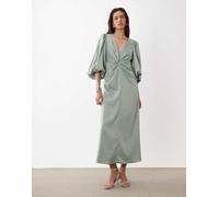 YAS - Vestito midi in raso verde con maniche voluminose e nodo sul davanti 38