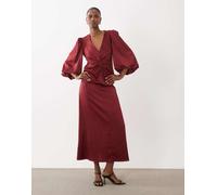 YAS vestito midi in satin rosso con nodo davanti e maniche voluminose 38