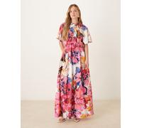 YAS - Vestito midi rosa a fiori astratti con maniche scampanate-Multicolore 6