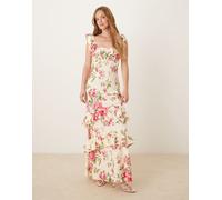 YAS - Vestito midi rosa e crema a fiori con volant e spalle scoperte 38