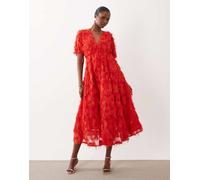 YAS - Vestito midi testurizzato con scollo a V rosso poinsettia 46