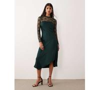 YAS - Vestito sottoveste ibrido accollato in raso verde scuro con parte superiore in pizzo 8