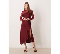 YAS - Vestito sottoveste ibrido in raso con top accollato in pizzo color rosso Cabernet 6