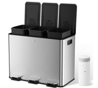 YASHE Pattumiera Differenziata 45L, Pattumiera 3 Scomparti in Acciaio Inox con Pedale, 3x15L, 20 Sacchetti Inclusi e Secchi Rimovibili