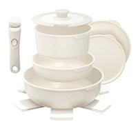 YASHE Pentole induzione 9 pezzi, atossiche, senza PTFE e PFAS | Set impilabile con manico rimovibile, due padelle e casseruola; adatto al forno e a tutti i piani cottura