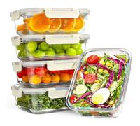 YASHE Set 5 Contenitori Vetro per Alimenti 1040ml con Coperchi Ermetici, Senza BPA, Adatti a Microonde, Forno, Frigo e Congelatore, per Meal Prep, Bianco