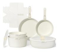 YASHE Set da 13 pentole e padelle antiaderenti, set di pentole a induzione, set di pentole da cucina con manico staccabile, lavabile in lavastoviglie e forno, bianco crema