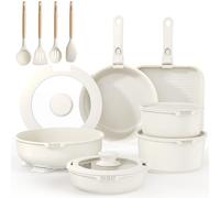 YASHE Set di pentole e padelle da 21 pezzi, set da cucina antiaderente con manici rimovibili e coperchi in vetro, compatibile con induzione, adatto per forno, impilabile, colore bianco