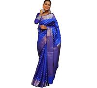 Yashika Sari da donna Banarasi Kanjivaram in cotone e seta tessuto con camicetta non cucita materiale, marrone chiaro::blu, taglia unica