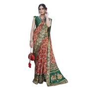 Yashika Sari da donna Magludi in seta stampata con camicetta non cucita, adatto per tutte le occasioni e festival indiani, Rosso Verde, taglia unica