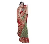 Yashika Sari da donna Magludi in seta stampata con camicetta non cucita, adatto per tutte le occasioni e festival indiani, Verde e rosso., Etichettalia unica