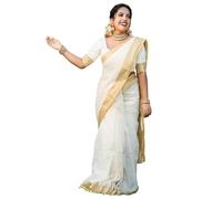 Yashika Sari Donna in Tinta Unita Bianca e Bordo Dorato Misto Cotone con Camicetta Non Cucita, Materiale Speciale per Pongal Onam Festival (AZ-YS-OG1-PONGAL, Bianca, Taglia Unica)