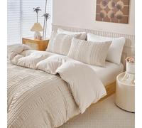 YASMENG Biancheria da letto in seersucker 155 x 220 cm, beige a righe trapuntate, biancheria da letto boho, morbida, traspirante, in microfibra, 3 pezzi, con chiusura lampo e 2 federe da 80 x 80 cm