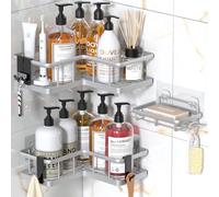 YASONIC Mensola Doccia Angolare Porta Sapone per Doccia, 3 Pezzi Mensola Doccia senza Foratura, Portasapone Doccia Mensole Bagno con 4 ganci Removibili, Anti-Ruggine Portaoggetti Doccia - Argento