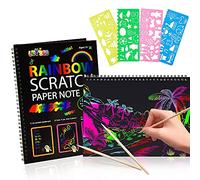 YASQZ Rainbow Scratch Notes Scratch Art for Kids, 2 Libri di Carta Arcobaleno con 2 pennini in Legno e 4 Stencil da Disegno, Scratch Art Book Scratch Painting per Bambini Adulti Regalo di Compleanno