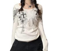 Yassiglia Y2K Pizzo Crop Top Patchwork a maniche lunghe Elegante Estetico Maglione Vintage Top Scollo Square Sweet Harajuku Slim Fit Aesthetic Streetwear da donna, A bianco., L