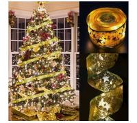 YASTA Nastro Luminoso Addobbo per Albero di Natale 10MT Organza e Glitter Stringa a batteria Luci di Atmosfera Fiocco per pacco regalo Natalizio (ORO)