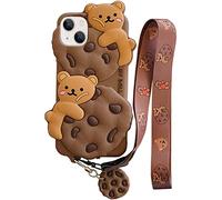 Yatchen Bear Case for iPhone 13,Cute Cookie Bear Kawaii Phone Cases 3D Cartoon Cover with Keychain Strap Lanyard Funny Women Girls Soft Silicone Protector for iPhone 13