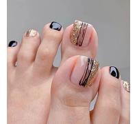 Yatinkim 24 Pezzi Linea Nera Breve Stampa Su Unghie Piede Acrilico Unghie Finte Copertura Completa Strass Disegni Glitter Donne Naturali