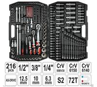 YATO Set Cassetta Attrezzi Meccanico 216 pz Con Chiavi a Cricchetto 1/4 1/2 3/8
