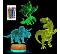 YATOSEEN Luce Notturna Dinosauro Bambini, 3D Illusion Lamp, 16 Cambi di Colore e Telecomando per Regali e Decorazioni per la Stanza Incluso Tirannosauro Rex Drago Volante Triceratopo 3 Modello