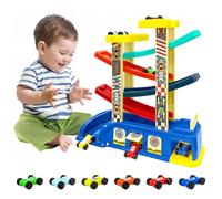 YATOSEEN Rampa Auto Giocattolo, Giocattoli Montessori con 6 Mini Auto e 4 Piste da Corsa Colorate, Garage e Parcheggi, Giocattolo Rampa da Corsa Regalo per Ragazzi e Ragazze