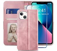 YATWIN Cover Compatibile con iPhone 13 + Vetro Temperato, Flip Portafoglio in Pelle Custodia iPhone 13, Interno TPU Antiurto, Carta Fessura, Supporto Stand, Magnetica Cover per iPhone 13 - Rosa