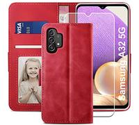 YATWIN Cover Samsung Galaxy A32 5G con Vetro Temperato, Cover a Libro Samsung A32, Flip Custodia Portafoglio in Pelle Premium Slot, Magnetica Cover con Funzione Stand per Samsung A32 5G - Rosso