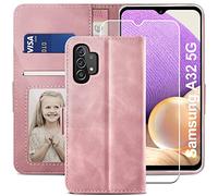 YATWIN Cover Samsung Galaxy A32 5G con Vetro Temperato, Cover a Libro Samsung A32, Flip Custodia Portafoglio in Pelle Premium Slot, Magnetica Cover con Funzione Stand per Samsung A32 5G - Rosa